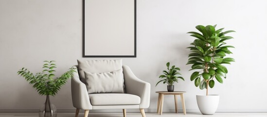 Armchair and table in a living room with plant and poster