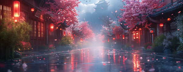 Holiday time in Chinatown. Old ancient asian street with many traditional stores in rainy day. Cherry blossom festival. Travel and holiday concept for card, background, banner, wallpaper