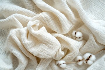 White knitted scarf and cotton flowers on a light background. Toned. - obrazy, fototapety, plakaty