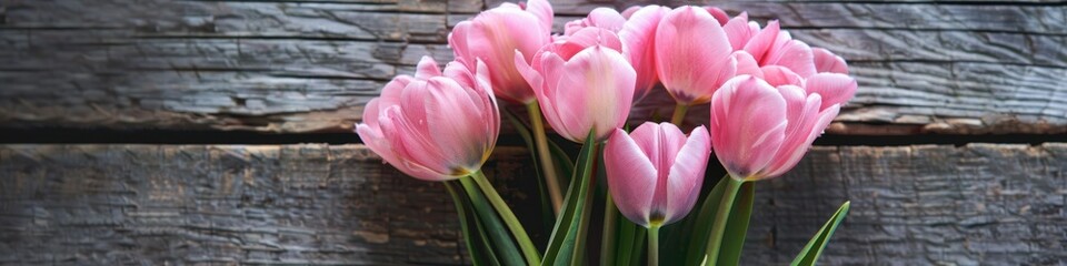 Spring Banner. A bouquet of pink tulips on a wooden background, top view. Greeting card with space for text. Valentine's Day, Woman's Day, Mother's Day, Easter.