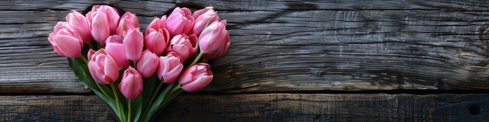 Spring Banner. A bouquet of pink tulips on a wooden background, top view. Greeting card with space for text. Valentine's Day, Woman's Day, Mother's Day, Easter.
