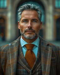 Portrait of man in suit and coat outdoor toned in orange tones. Businessman on street near stock exchange
