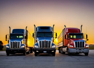 a row of semi trucks parked in a parking lot at sunset or dawn 
