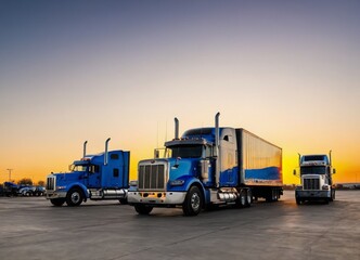 a row of semi trucks parked in a parking lot at sunset or dawn 