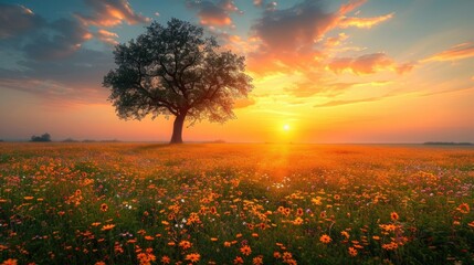 A tree stands in a vast field as the sun sets in the background, casting a warm glow over the landscape.