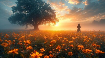 A person standing in the midst of a field filled with colorful flowers on a sunny day. - obrazy, fototapety, plakaty