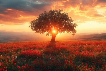 A tree stands prominently in the center of a vibrant field filled with colorful flowers.