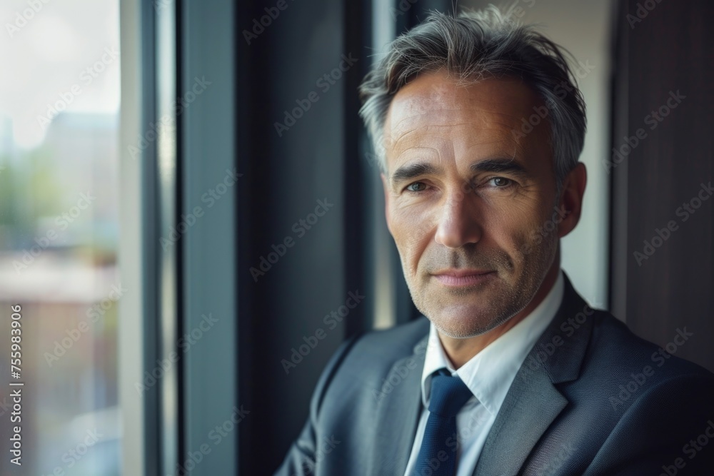 Poster close up of a person wearing a suit and tie. suitable for business concepts.