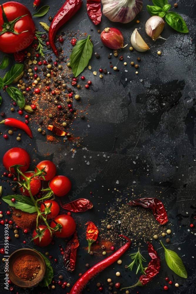 Poster a table topped with various types of food, suitable for food-related designs.