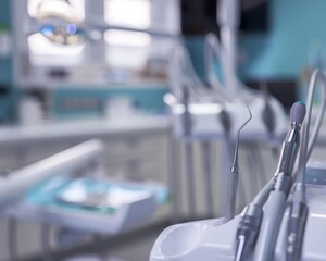 A line of dental tools neatly arranged in a hospital room, ready for use in procedures.