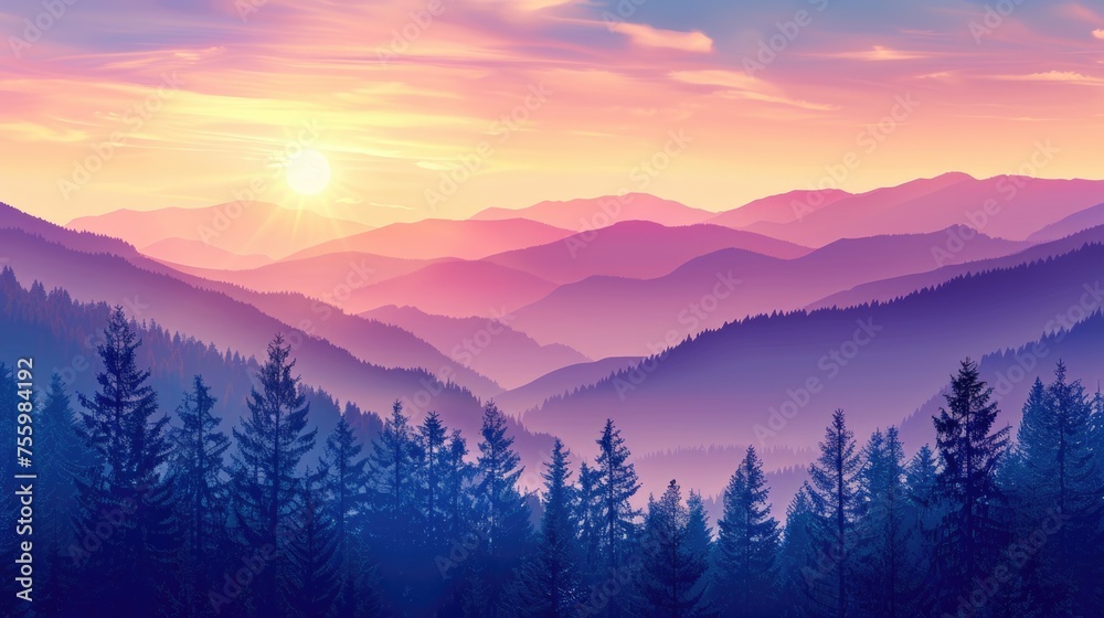 Canvas Prints Beautiful sunset over a majestic mountain range. Perfect for travel or nature-themed designs.