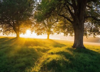 Fototapeta na wymiar Sun rays shining trough trees in beautiful meadow 