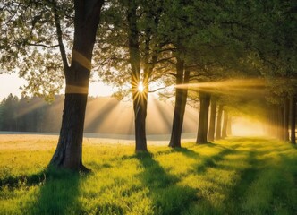 Sun rays shining trough trees in beautiful meadow 
