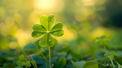 Green clover leaves on bokeh background. St.Patrick's Day