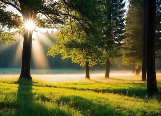 Sun rays shining trough trees in beautiful meadow 
