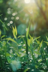 Close up of grass with sun in background. Perfect for nature backgrounds.