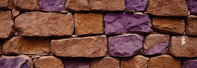 Red stone wall. Creative natural background, stones are colored brown and purple. Interior concept, texture design, modern, loft. copy space