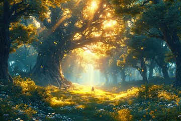 The sun shines through the dense canopy of trees in a forest, creating patterns of light and shadow on the forest floor.