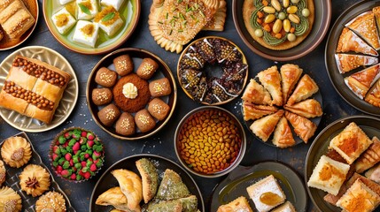A background image featuring Turkish and Arab dessert foods, showcasing an assortment of Lebanese and Egyptian pastries.  - obrazy, fototapety, plakaty