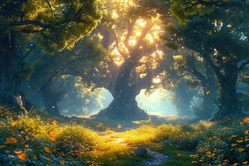 Fototapeta na wymiar The suns rays penetrate the dense tree canopy, illuminating the forest floor with dappled light.