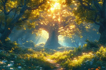 The suns rays filter through the dense foliage of the forest, creating a dappled light effect on the forest floor.