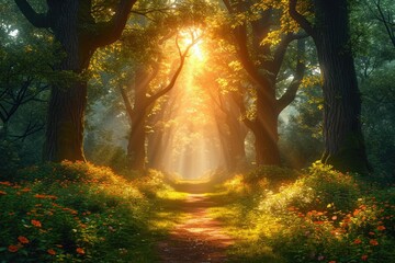 A path winds through a dense forest, with sunlight streaming through the canopy of trees, creating a dappled effect on the ground.