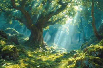 A painting depicting a dense forest with sunlight filtering through the lush green foliage, creating a mesmerizing play of light and shadows.