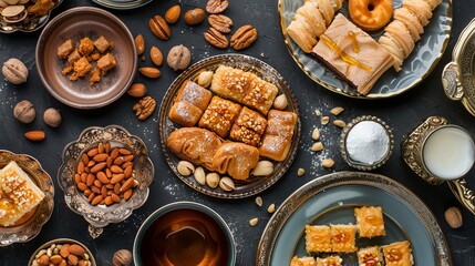 Middle Eastern desserts, including traditional Ramadan treats, displayed in a delicious collection. The desserts are served with tasty nuts, Arabic coffee, honey syrup, and sugar syrup.  - obrazy, fototapety, plakaty