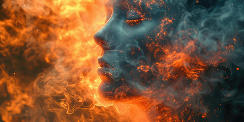 A womans face surrounded by intense flames and billowing smoke, depicting a scene of raw intensity and danger.