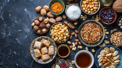 Middle Eastern desserts, including traditional Ramadan treats, displayed in a delicious collection. The desserts are served with tasty nuts, Arabic coffee, honey syrup, and sugar syrup. 