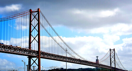 Panorama of Lisbon, April 25 Bridge and the statue of Jesus Christ. background of blue sky and blue...