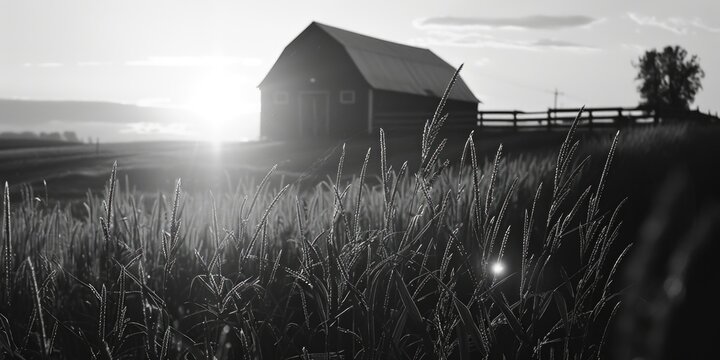 Black and white photo of a barn in a peaceful field. Suitable for rustic and countryside themes.