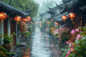 Holiday time in Chinatown. Old ancient asian street with many traditional stores in rainy day....