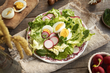 Spring salad with eggs and wild edible plants - chickweed, nipplewort and young yarrow