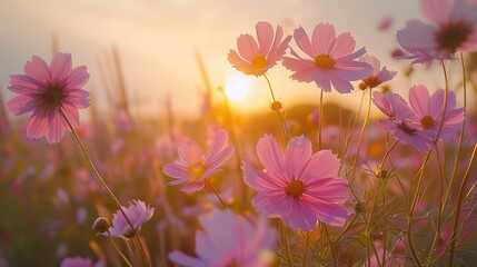Cosmos flowers glowing in the light of the sunset.