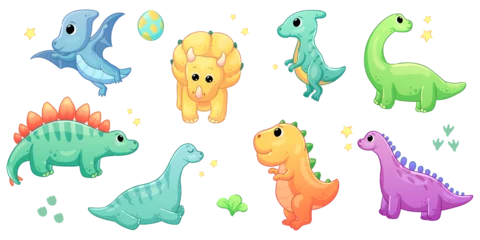 Fotobehang Illustrations of cute dinosaurs for children in different colors: Triceratops, Stegosaurus, Brontosaurus, Pterosaurus, Tyrannosaurus, Brachiosaurus.  © maslik_design