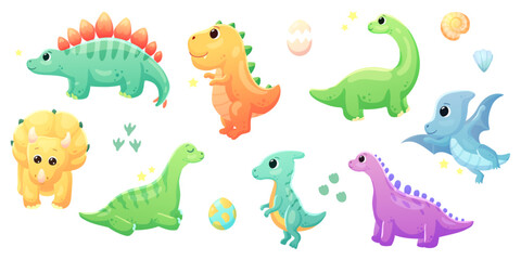 Illustrations of cute dinosaurs for children in different colors: Triceratops, Stegosaurus, Brontosaurus, Pterosaurus, Tyrannosaurus, Brachiosaurus. 