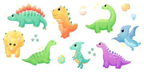 Fotobehang Draak Illustrations of cute dinosaurs for children in different colors: Triceratops, Stegosaurus, Brontosaurus, Pterosaurus, Tyrannosaurus, Brachiosaurus. 