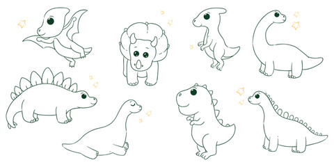 Illustrations of cute dinosaurs for children in different colors: Triceratops, Stegosaurus, Brontosaurus, Pterosaurus, Tyrannosaurus, Brachiosaurus. 