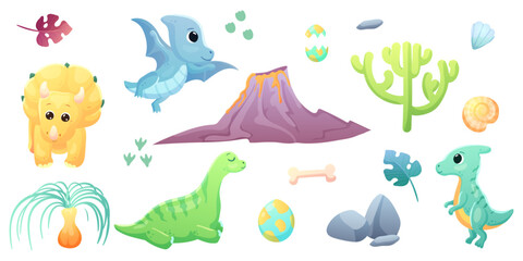 Illustrations of cute dinosaurs for children in different colors: Triceratops, Stegosaurus, Brontosaurus, Pterosaurus, Tyrannosaurus, Brachiosaurus. Environment illustrations for dinosaurs .