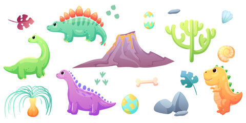 Illustrations of cute dinosaurs for children in different colors: Triceratops, Stegosaurus, Brontosaurus, Pterosaurus, Tyrannosaurus, Brachiosaurus. Environment illustrations for dinosaurs .