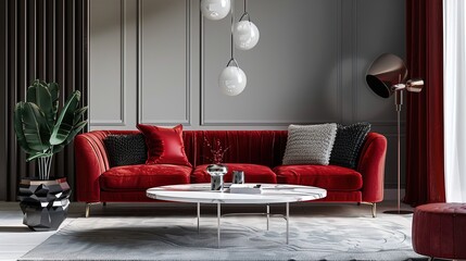 Dive into the embrace of this luxe red velvet sofa, a splash of opulence with a chic marble table to match.