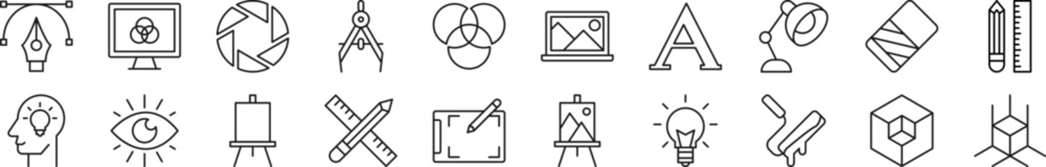Set of line icons of designer. Editable stroke. Simple outline sign for web sites, newspapers, articles book