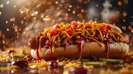 A close-up of a loaded hotdog with toppings