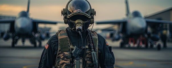 Aircraft pilot against air jet in blured background. Military fighter pilot