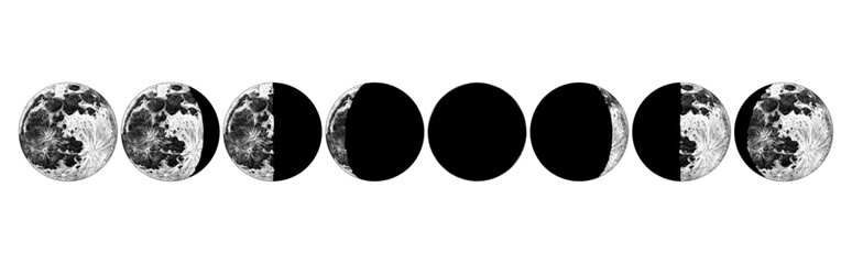 The Phases Of The Moon in the solar system. Astrology or astronomical galaxy space. Orbit or circle. engraved hand drawn in old sketch, vintage style for label. - obrazy, fototapety, plakaty