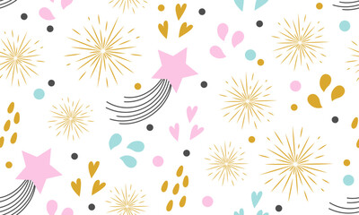 Seamless design with cute elements. Stars, hearts, lights, holiday party symbols. Decoration banner themed Lol surprise doll girlish style. Invitation card template