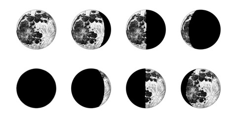 The Phases Of The Moon in the solar system. Astrology or astronomical galaxy space. Orbit or circle. engraved hand drawn in old sketch, vintage style for label. - 755986343