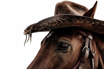 Close up of a horse in a cowboy hat. Perfect for western themed designs. - obrazy, fototapety, plakaty