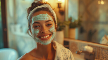 Young woman with facial mask smiling in bathroom